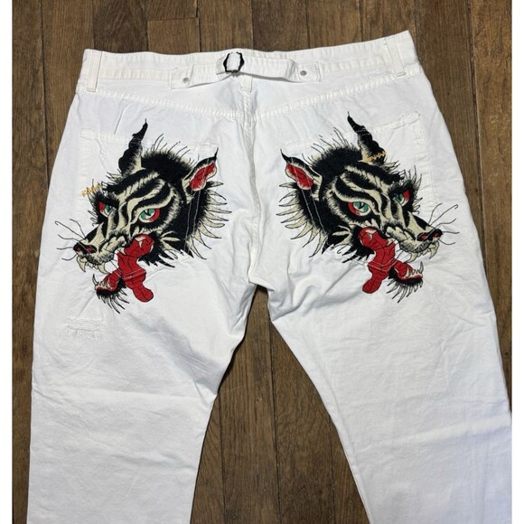 Ed Hardy Other - Ed Hardy RARE Wolf Embroidered White Jeans Y2K Mens Pants Size 40 X 34 EUC
